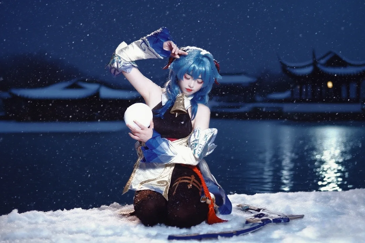 Genshin Impact, Ganyu Cosplay, Stocking outfit, Snow scene cosplay, Snowy night in Jiangnan - Image 3