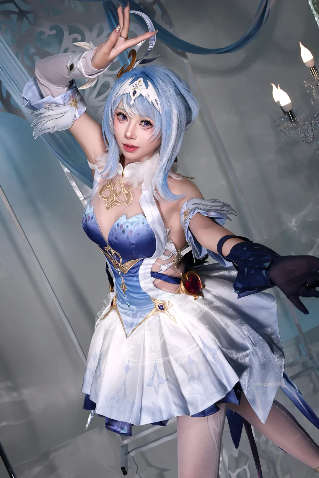 原神, cosplay, 白丝穿搭, 蓝发少女, 奥黛塔cos