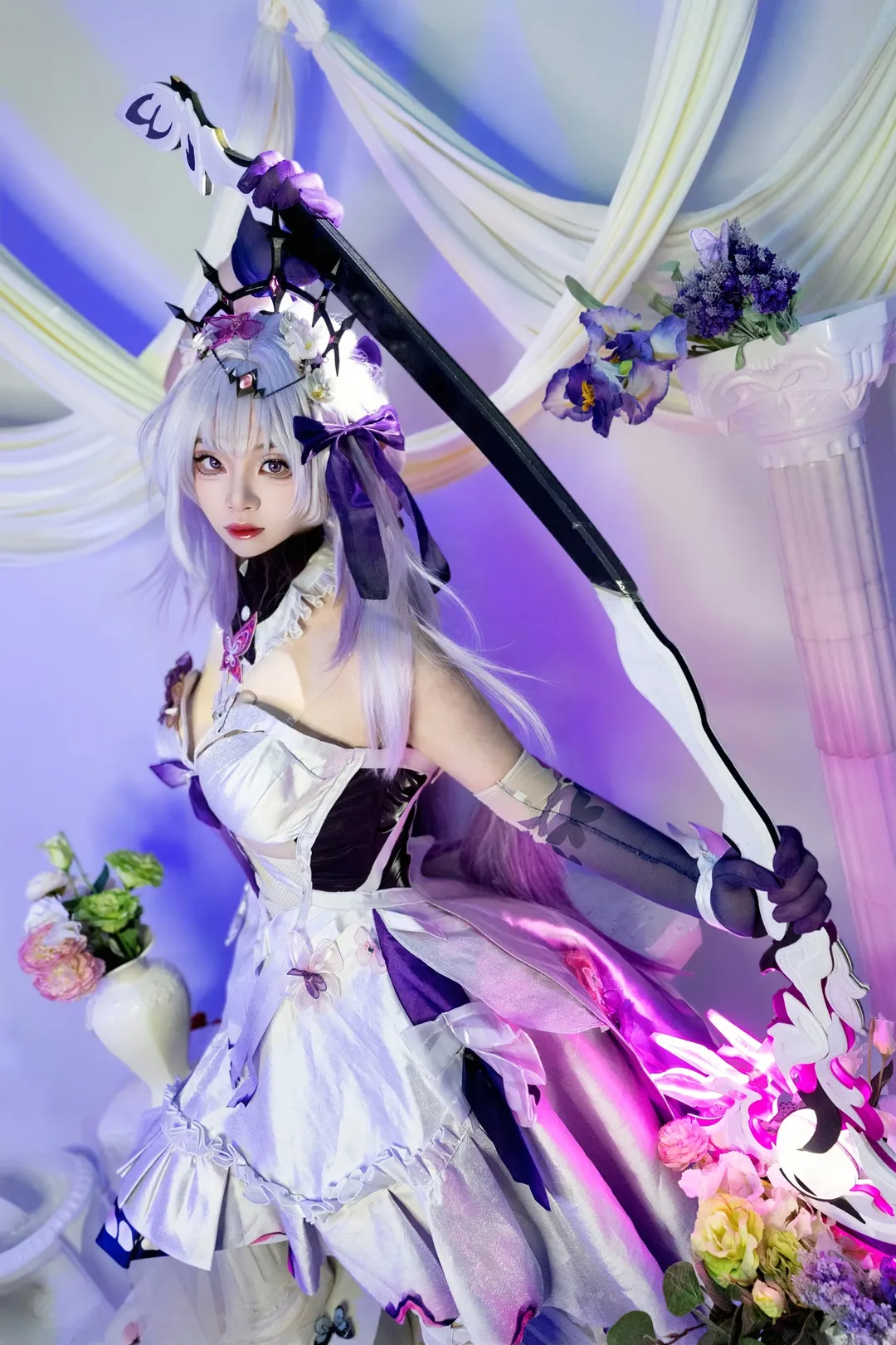Anime-style photography, Honkai: Star Rail, Castorice cosplay, Dreamy atmosphere, Costumes and props