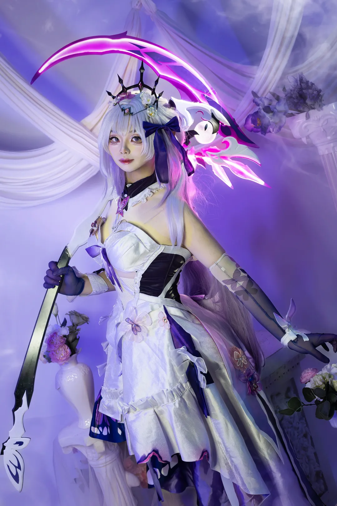 Anime-style photography, Honkai: Star Rail, Castorice cosplay, Scythe cosplay, Silver-haired character cosplay