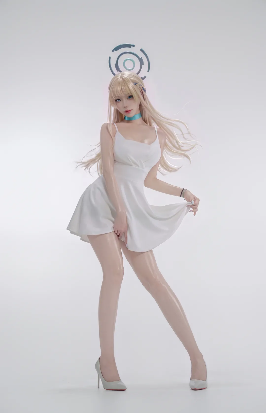 ブルーアーカイブ, 飛鳥馬トキ コスプレ, 白ワンピコーデ, ストッキング コスプレ, SF風コスプレ
