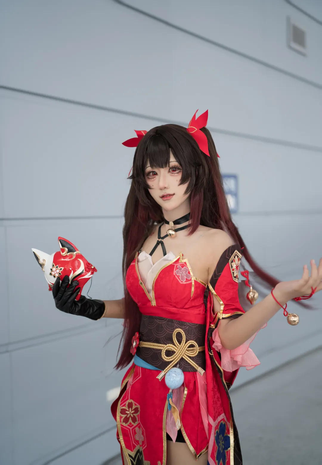 Anime-style photography, Honkai: Star Rail, Sparkle cosplay, Red eye makeup look, Fox mask and bell