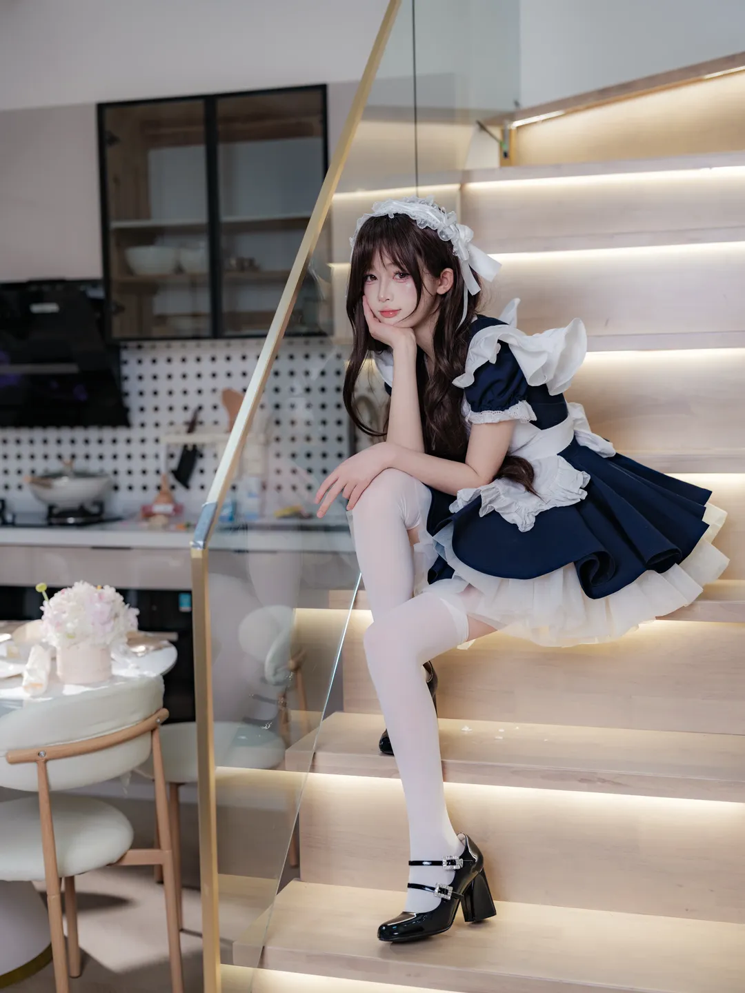Girl photography, White thigh-highs outfit, Cozy home vibe, Maid cosplay, Staircase photography - Image 1
