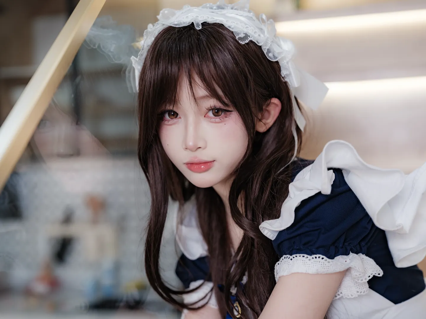 Girl photography, White thigh-highs outfit, Cozy home vibe, Maid cosplay, Staircase photography - Image 2