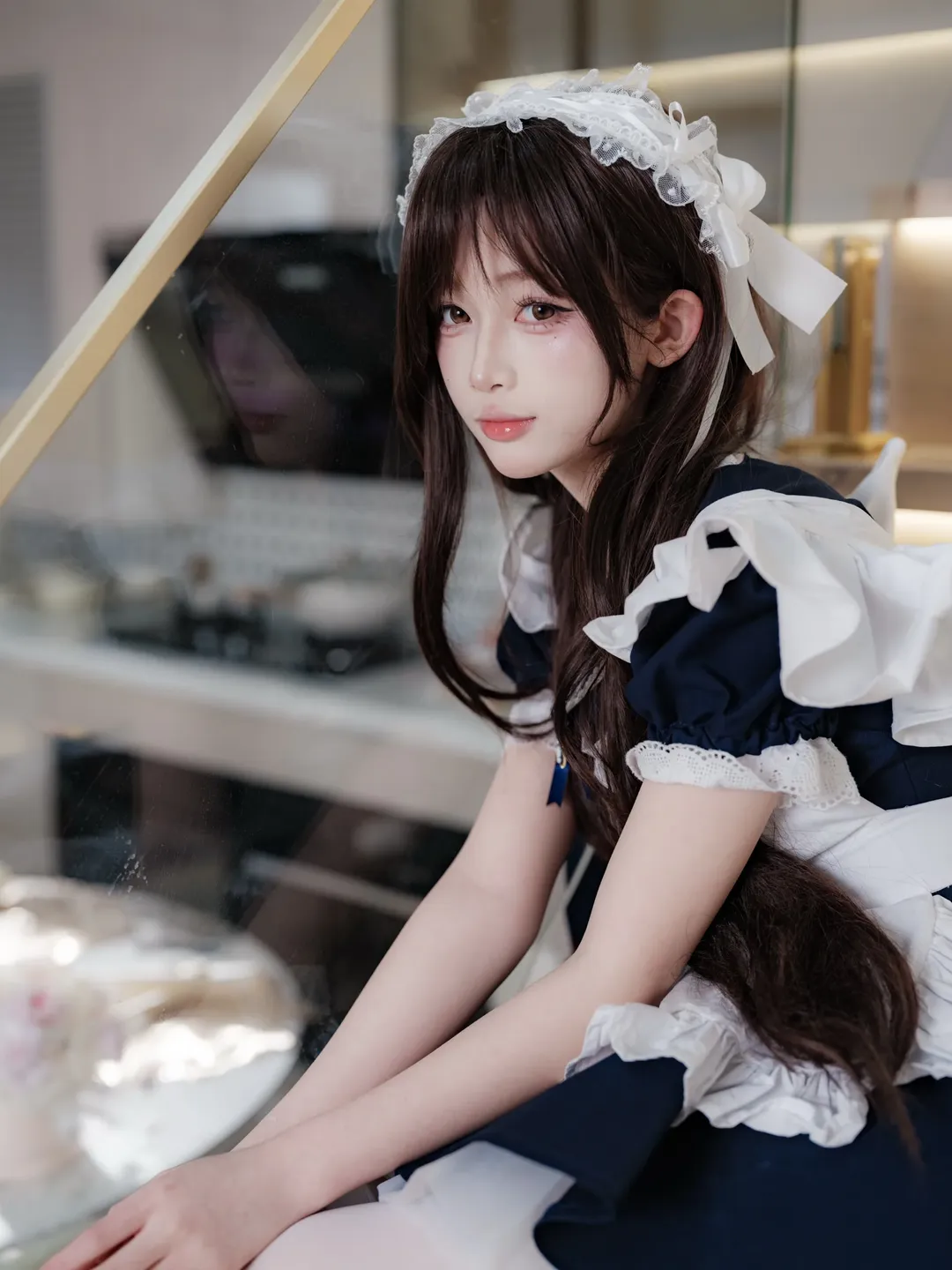 Girl photography, White thigh-highs outfit, Cozy home vibe, Maid cosplay, Staircase photography - Image 4