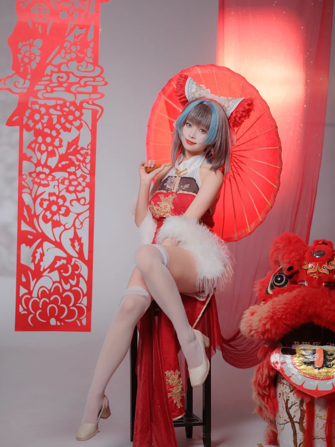 柴郡cos, 碧蓝航线, 白丝写真, 新年国风cosplay, 猫娘新年