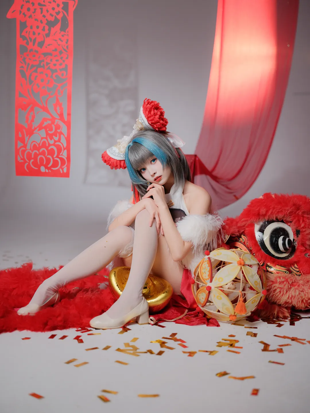柴郡cos, 碧蓝航线, 白丝写真, 新年国风cosplay, 猫娘新年 - 第2张