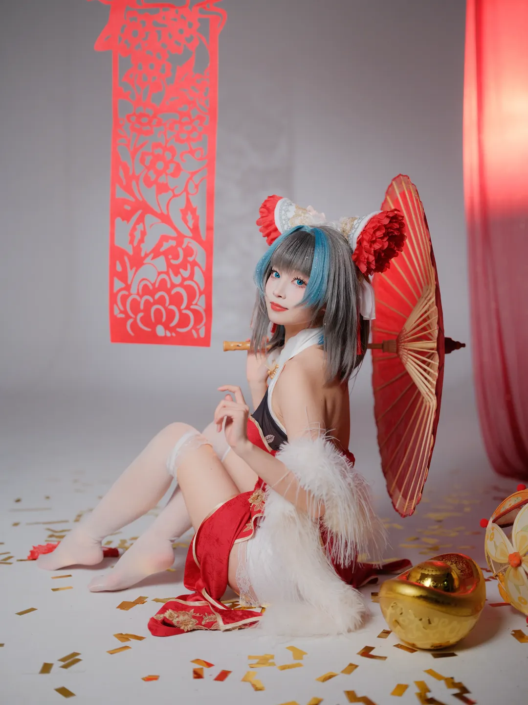 柴郡cos, 碧蓝航线, 白丝写真, 新年国风cosplay, 猫娘新年 - 第3张