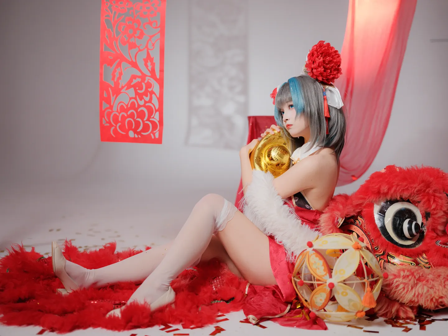 柴郡cos, 碧蓝航线, 白丝写真, 新年国风cosplay, 猫娘新年 - 第7张