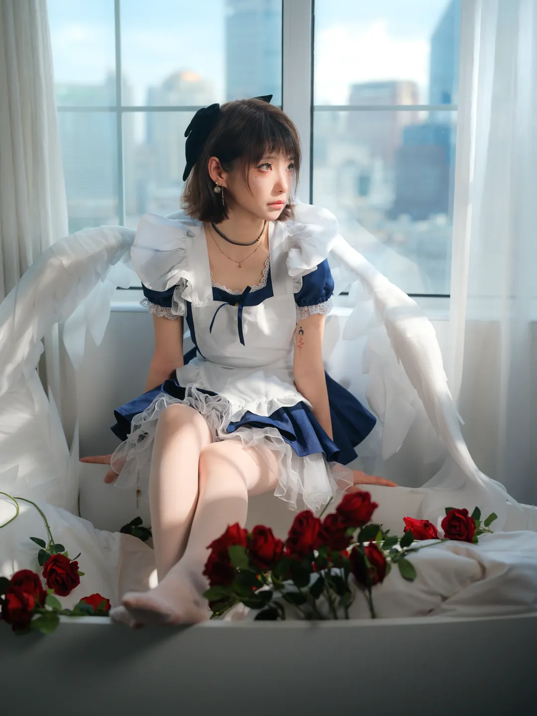 氛围感摄影, 二次元日常, 浴缸写真, 白丝连裤袜, 天使女仆cos - 第6张
