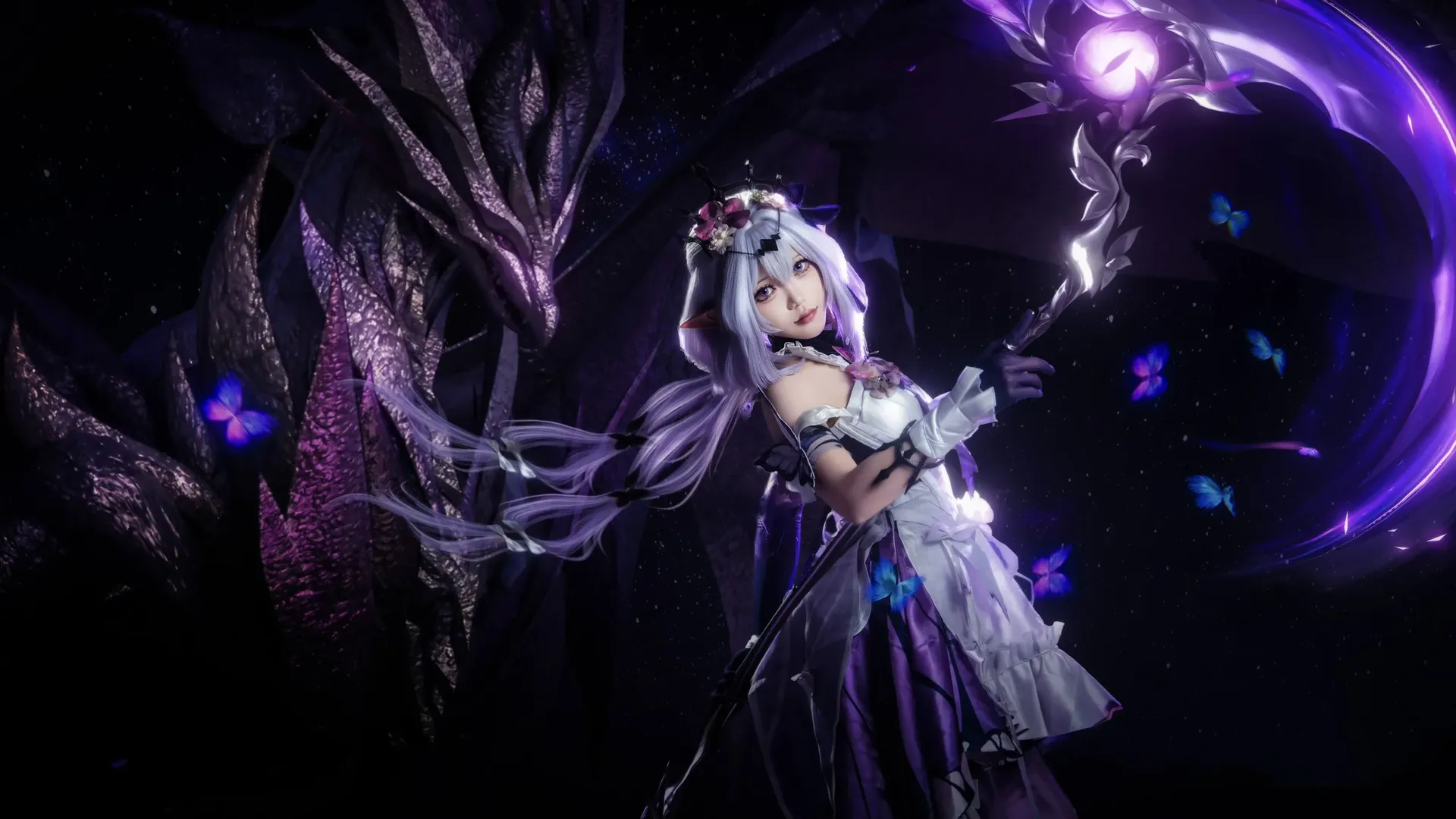 Honkai: Star Rail, Castorice cosplay, Post-production compositing, Purple-haired elf, Stockings
