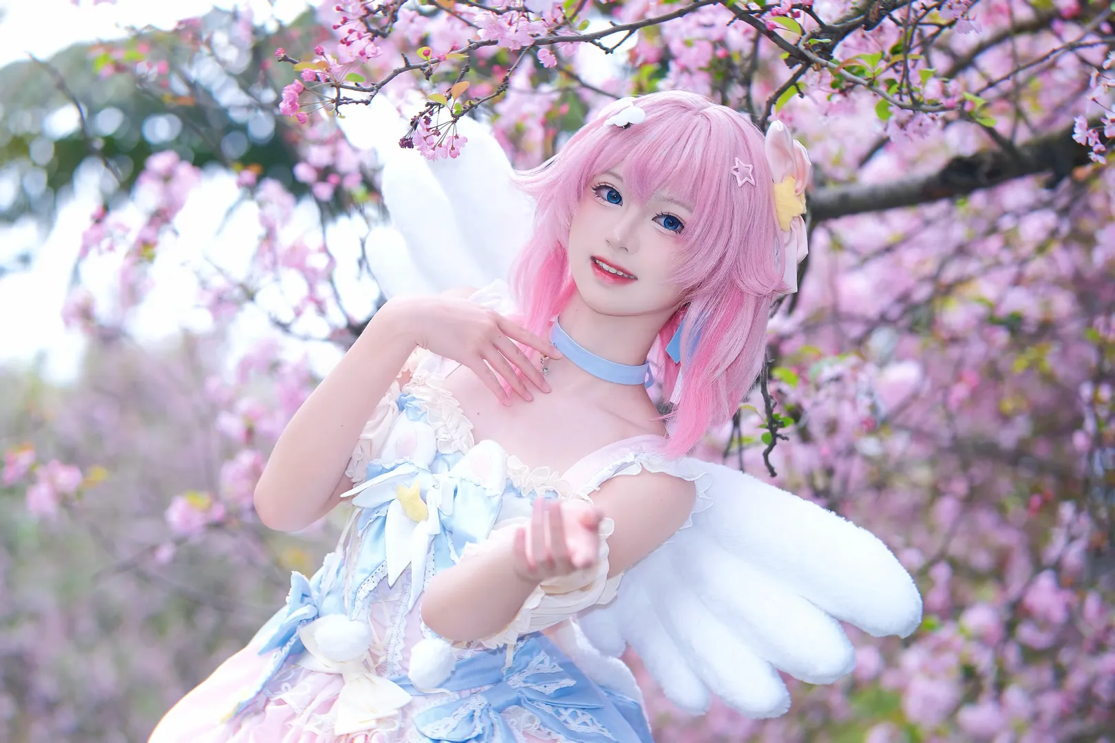 Anime-style photography, Honkai: Star Rail, March 7th cosplay, Fan-made design cosplay, Cherry blossom portrait