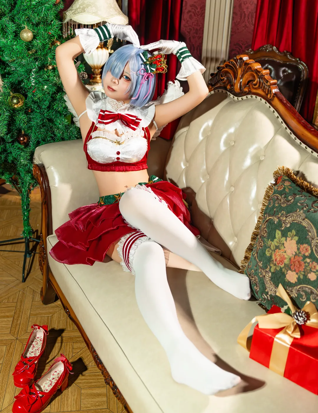 二次元, 从零开始的异世界生活, 蕾姆cos, 圣诞cosplay, 白色丝袜