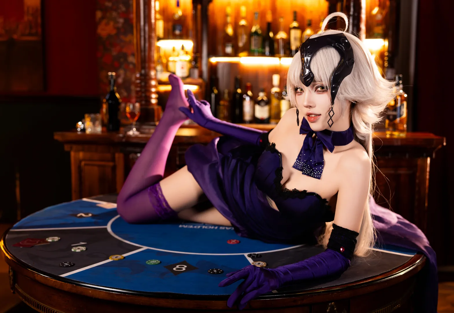 cosplay, Fate, 黑贞德cos, 复古酒吧, 紫色丝袜