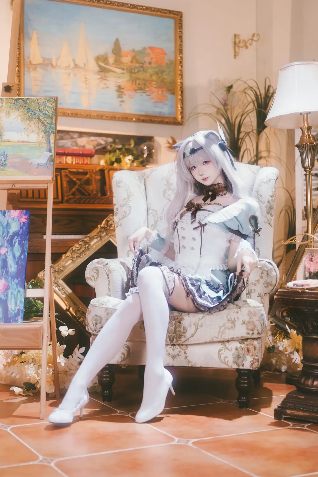 Anime-style photography, Honkai: Star Rail, Firefly cosplay, Maid outfit, White stockings