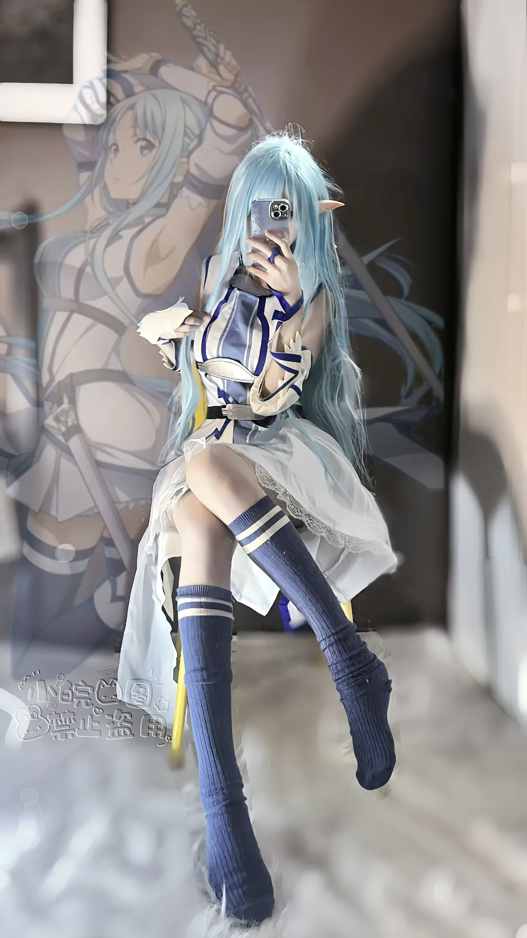 亚丝娜cos, 刀剑神域, cos试衣, 水精灵, 蓝色长筒袜