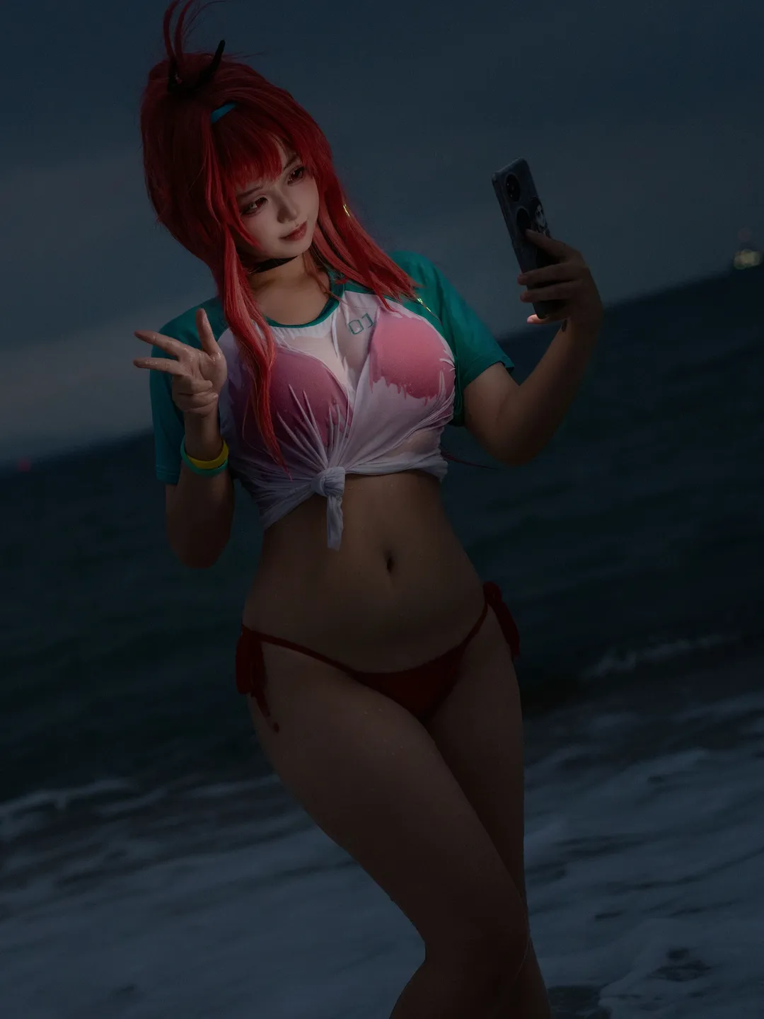 二次元cosplay, 胜利女神nikke, 夜景人像, 拉毗cos, 海边泳装