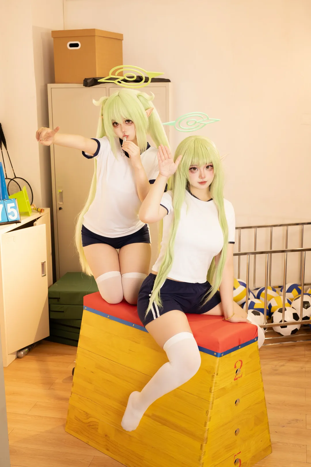 蔚蓝档案, 橘光橘望cos, 铁道双子, 体操服cosplay, 白色过膝袜