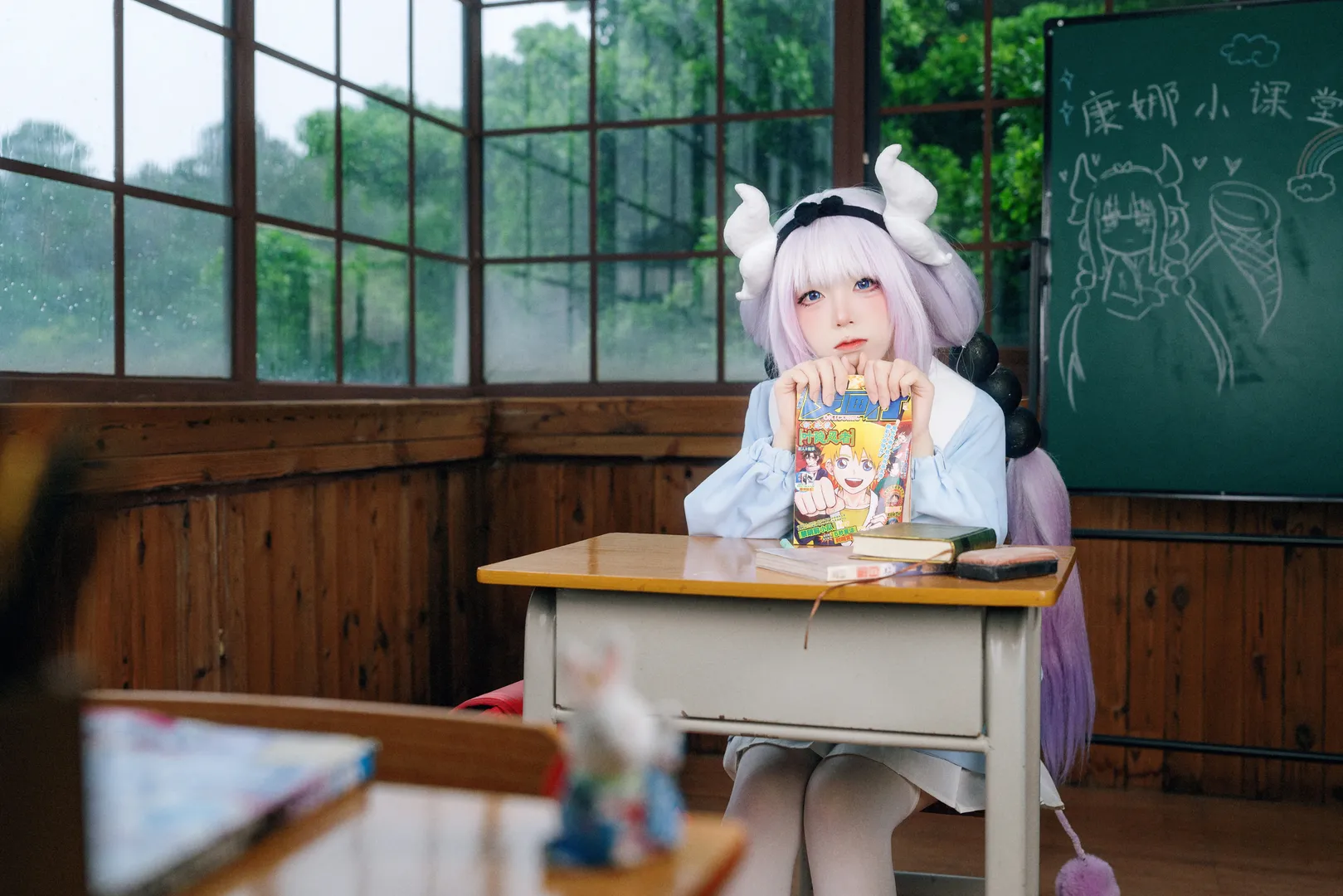 二次元, 白丝, 教室写真, 康娜cos, 小林家的龙女仆