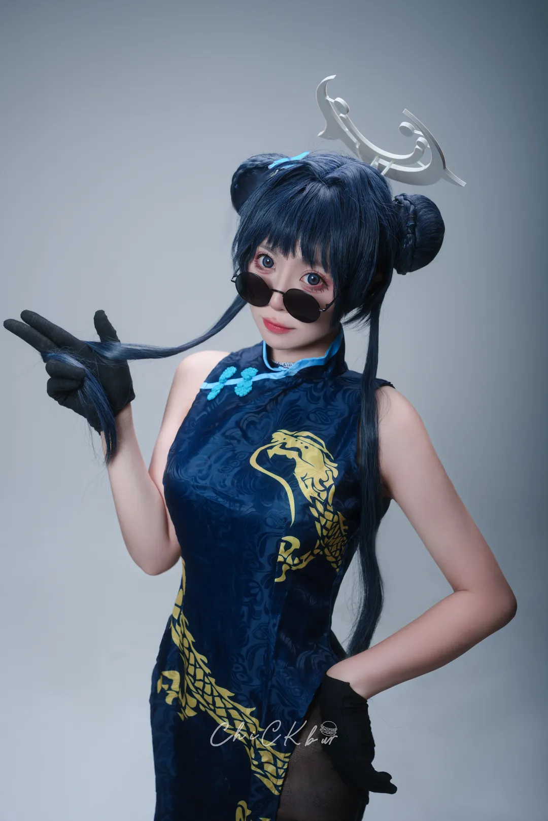 蔚蓝档案, 龙华妃咲cos, cosplay正片, 黑丝旗袍, 双丸子头 - 第3张