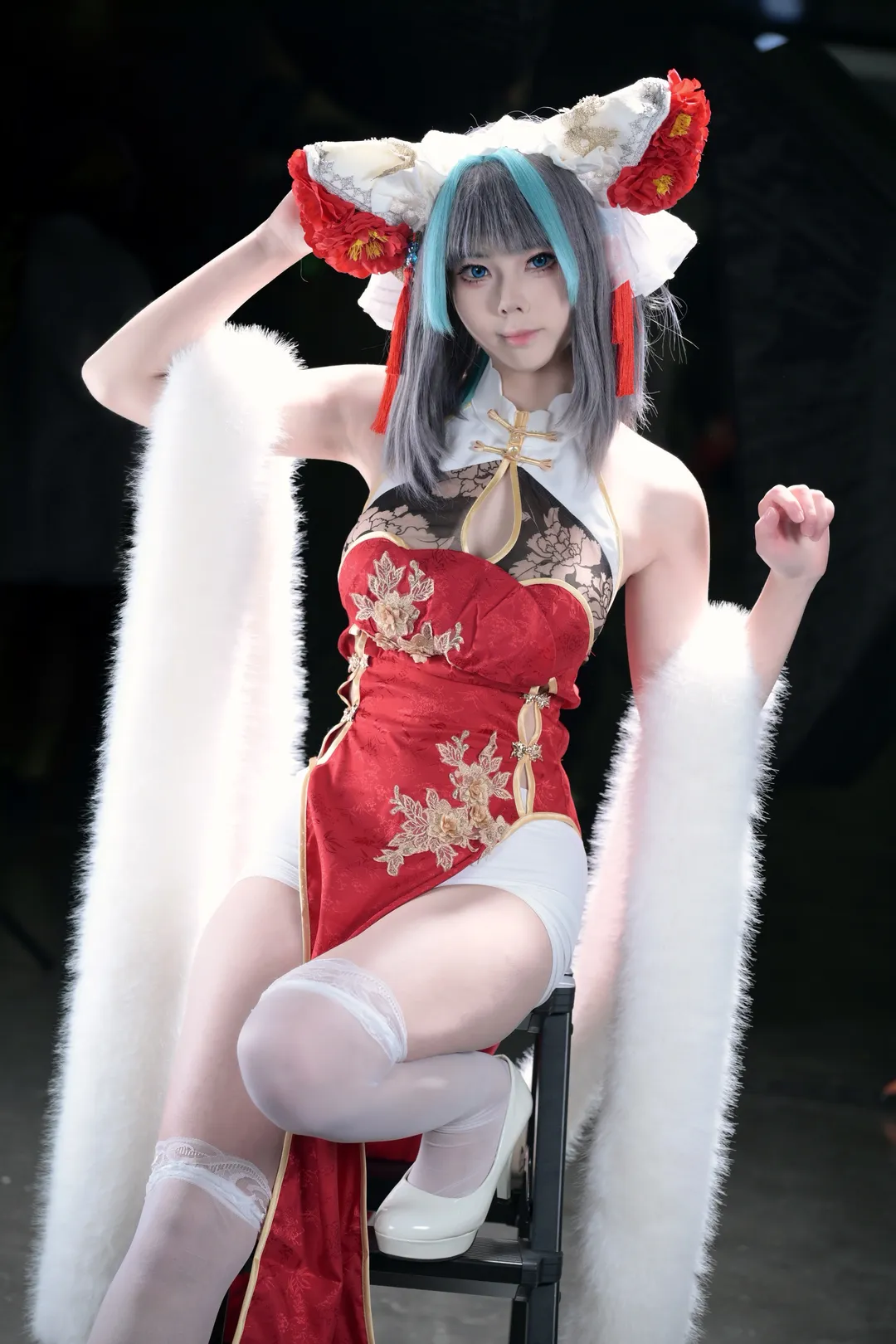 チェシャー コスプレ, アズールレーン, イベント写真, 白タイツコスプレ, アズールレーン チェシャー チャイナドレス