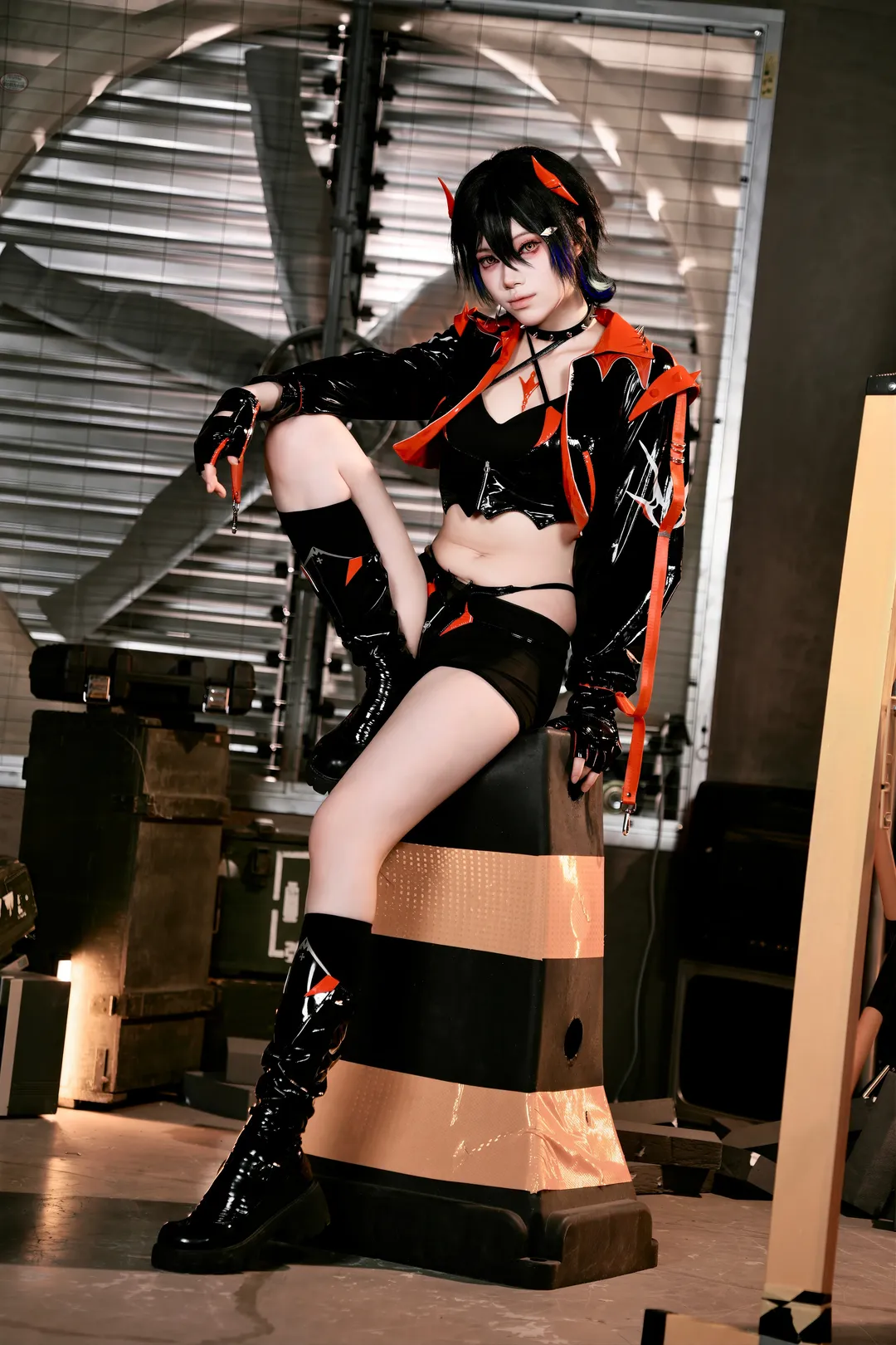 Anime-style photography, Azur Lane, Ulrich von Hutten cosplay, Patent leather biker outfit, Industrial wasteland style