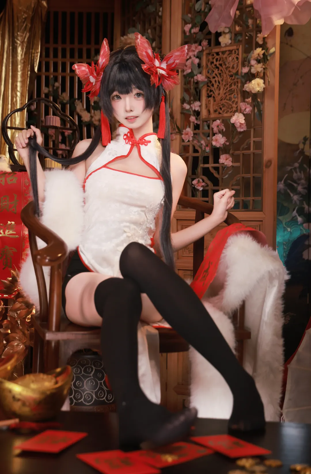 蔚蓝档案, 妃咲cos, cosplay摄影, 新春旗袍, 黑丝过膝 - 第1张