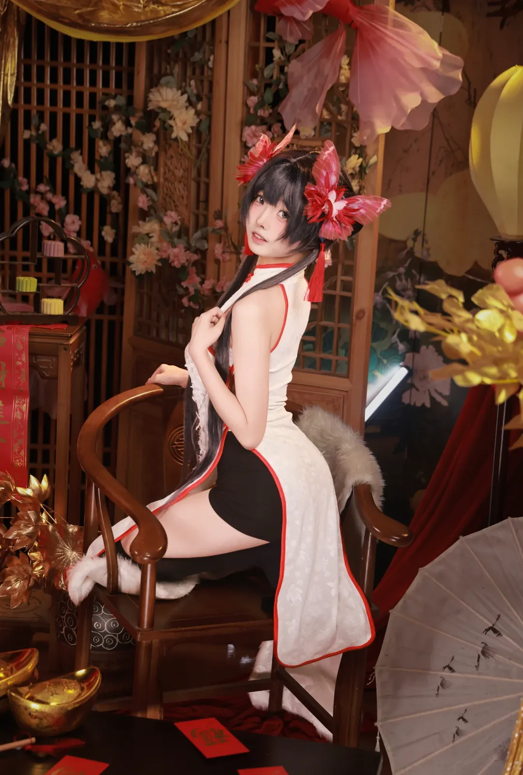 蔚蓝档案, 妃咲cos, cosplay摄影, 新春旗袍, 黑丝过膝 - 第2张