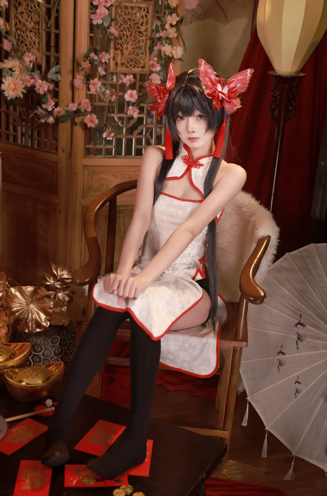 蔚蓝档案, 妃咲cos, cosplay摄影, 新春旗袍, 黑丝过膝