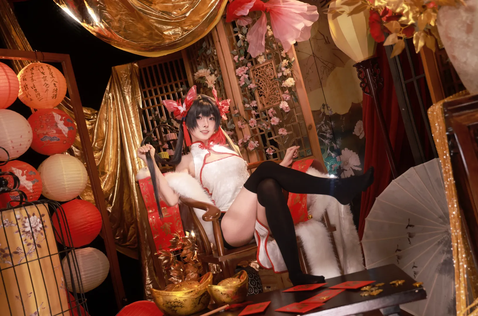 蔚蓝档案, 妃咲cos, cosplay摄影, 新春旗袍, 黑丝过膝 - 第4张
