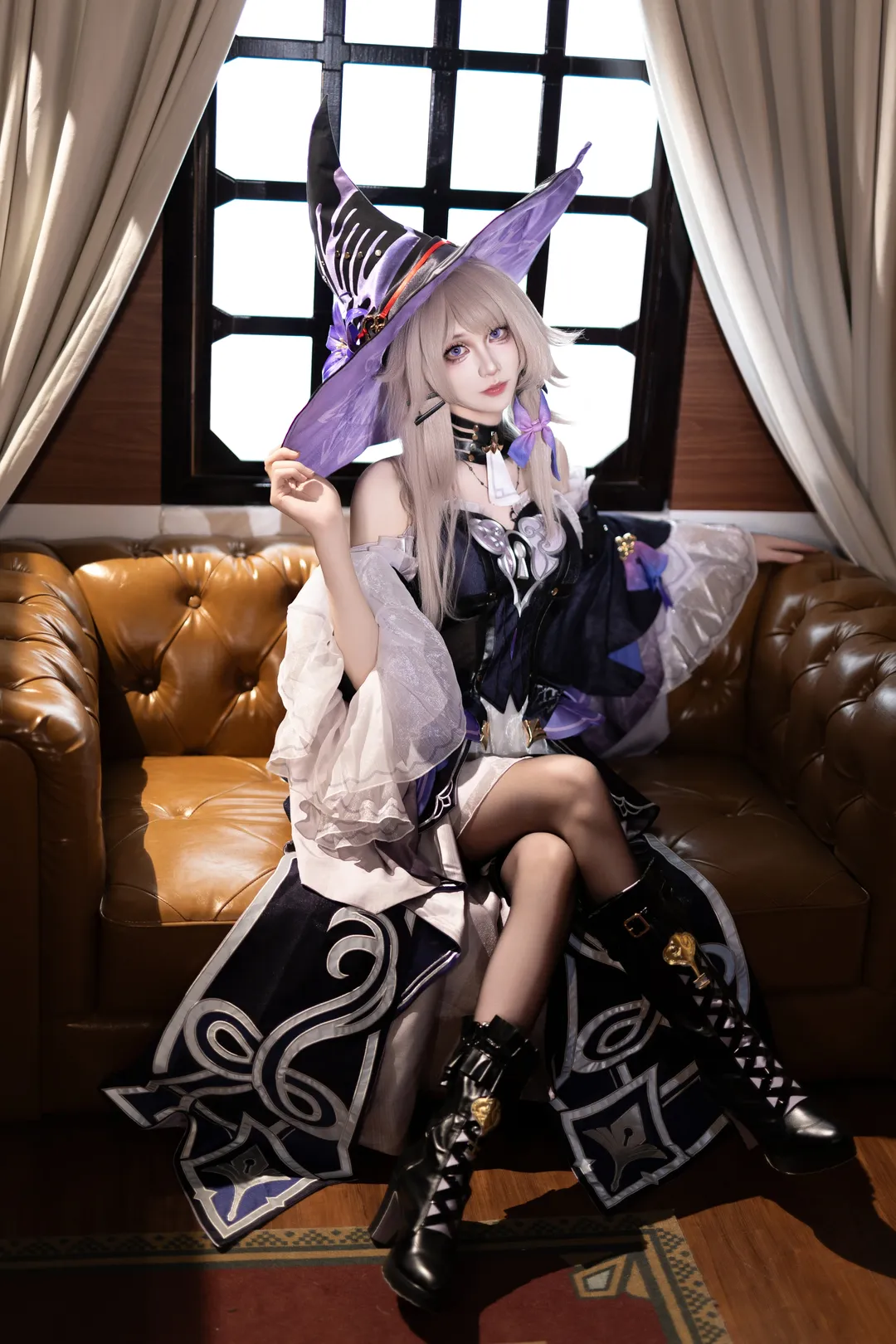 Honkai: Star Rail, Herta cosplay, Anime-style portrait, Witch costume, Gaming room photo shoot