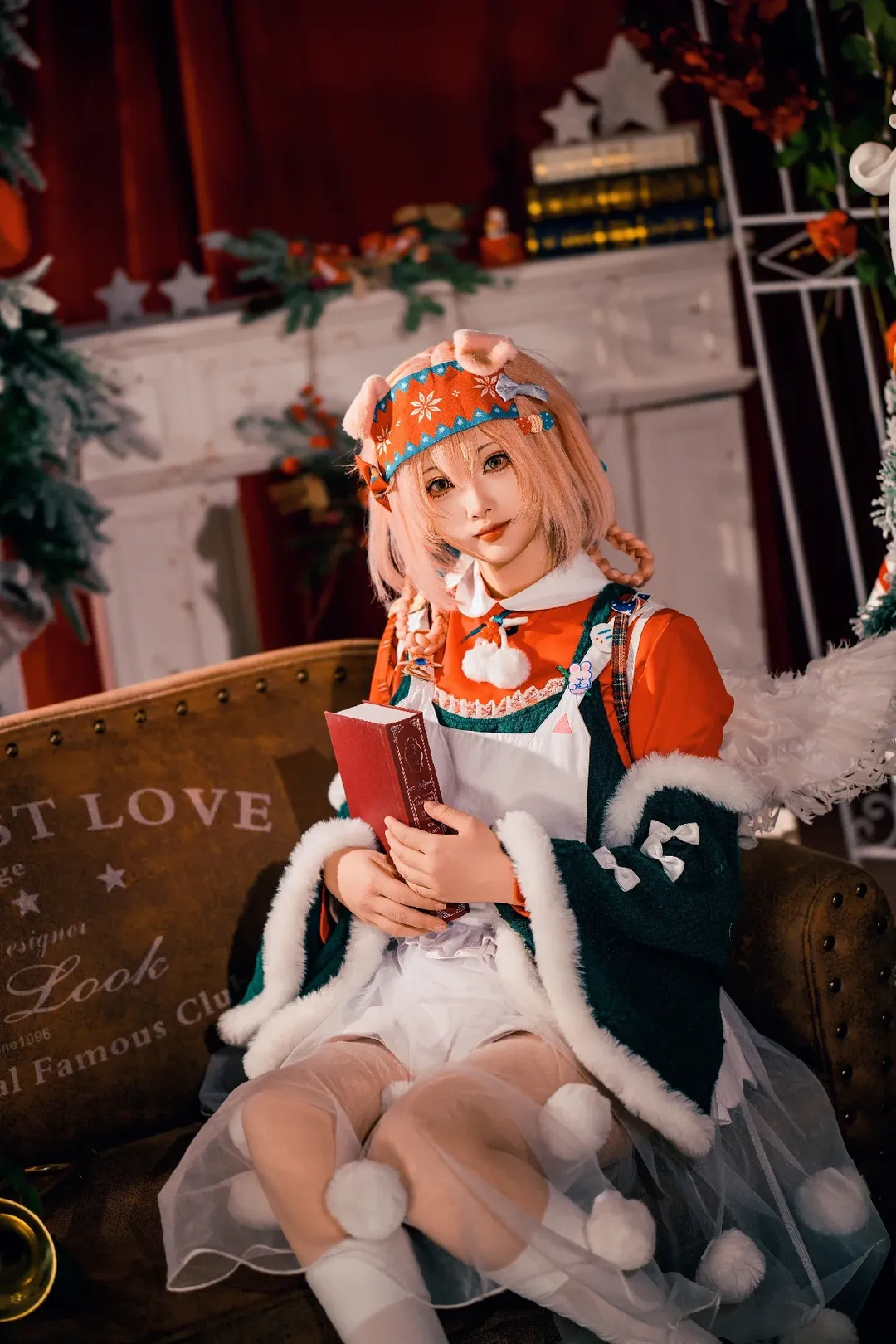 明日方舟, 复古摄影, 澄闪cos, 圣诞cosplay, 白色丝袜 - 第2张
