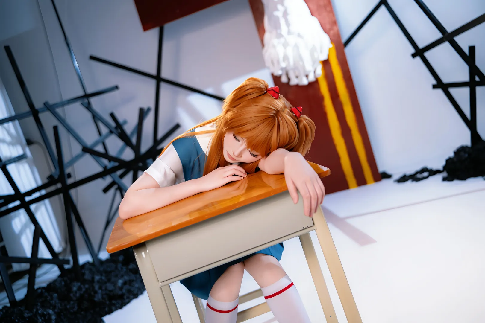 二次元撮影, アスカコスプレ, 新世紀エヴァンゲリオン, 白タイツコスプレ, 制服コスプレ - 2枚目