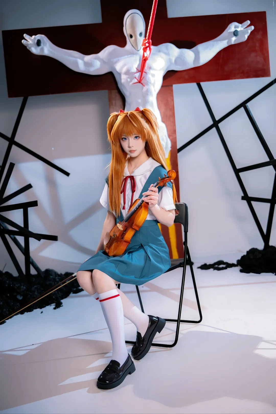 二次元撮影, アスカコスプレ, 新世紀エヴァンゲリオン, 白タイツコスプレ, 制服コスプレ - 3枚目