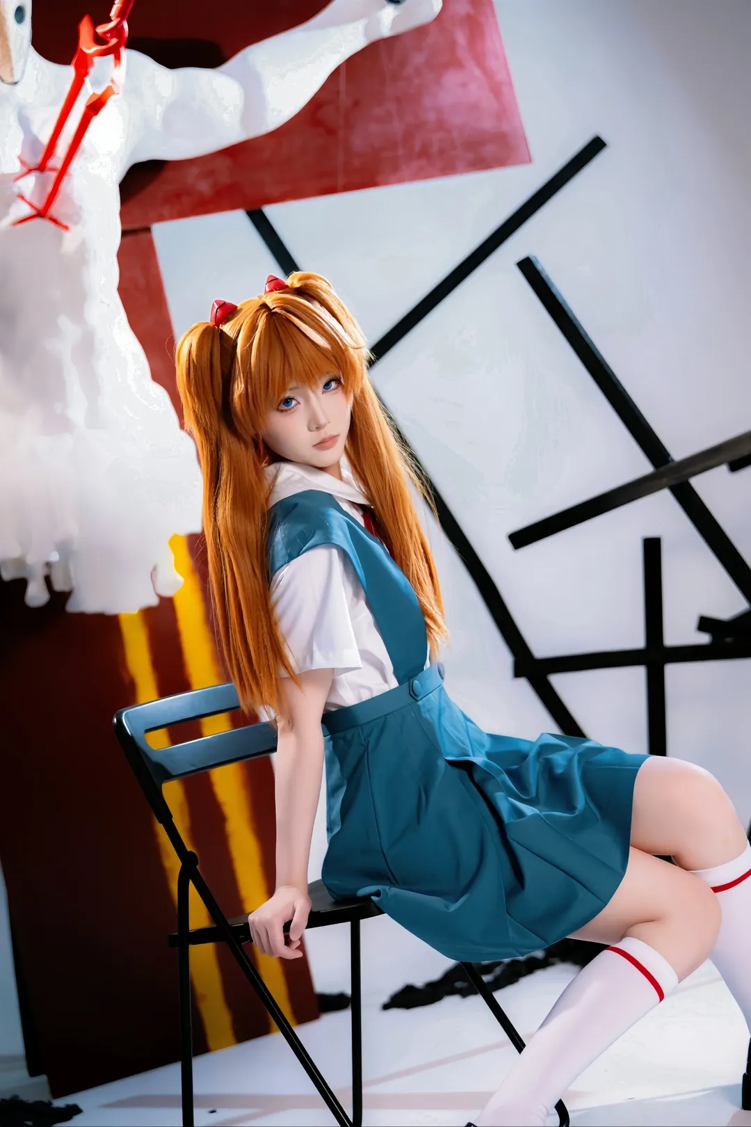 二次元撮影, アスカコスプレ, 新世紀エヴァンゲリオン, 白タイツコスプレ, 制服コスプレ - 5枚目