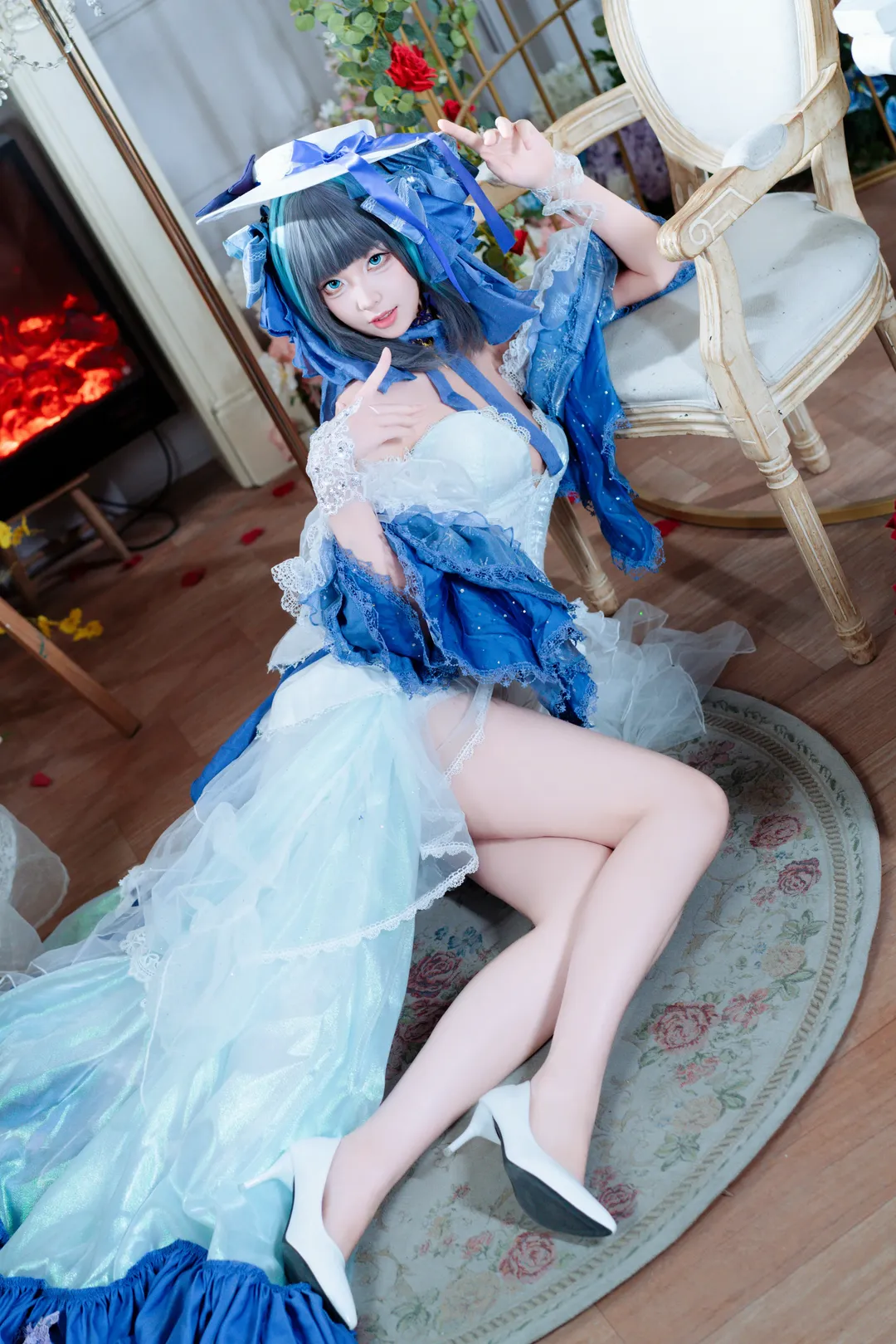 cosplay, Azur Lane, Blue and white Western-style dress, Studio photo shoot, Cheshire The Cat and the White Steed cosplay