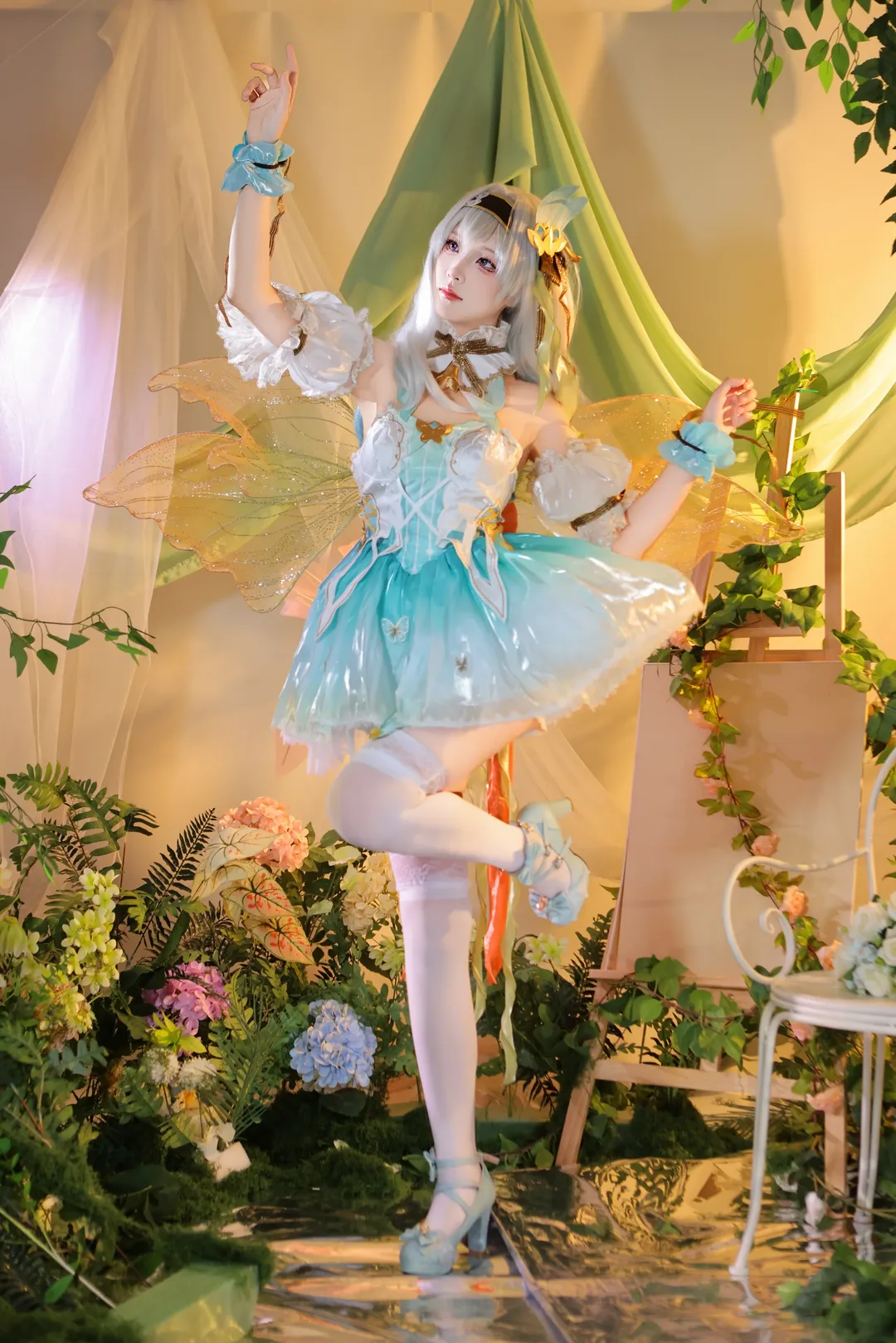 Honkai: Star Rail, Firefly cosplay, Cosplay photography, White thigh-highs outfit, Elf princess outfit