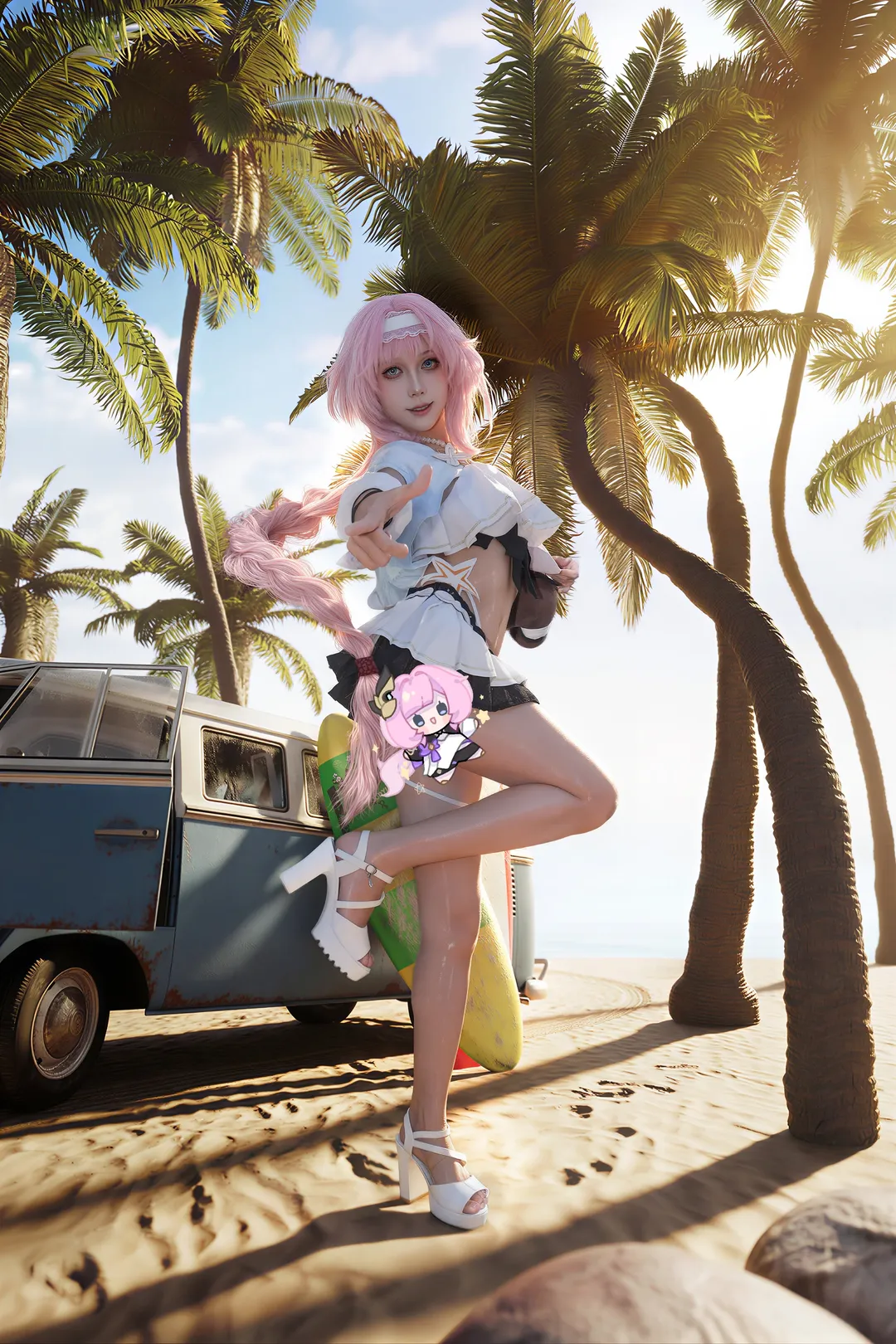 爱莉希雅cos, 崩坏3, 二次元, 粉色系, 夏日海滩 - 第2张