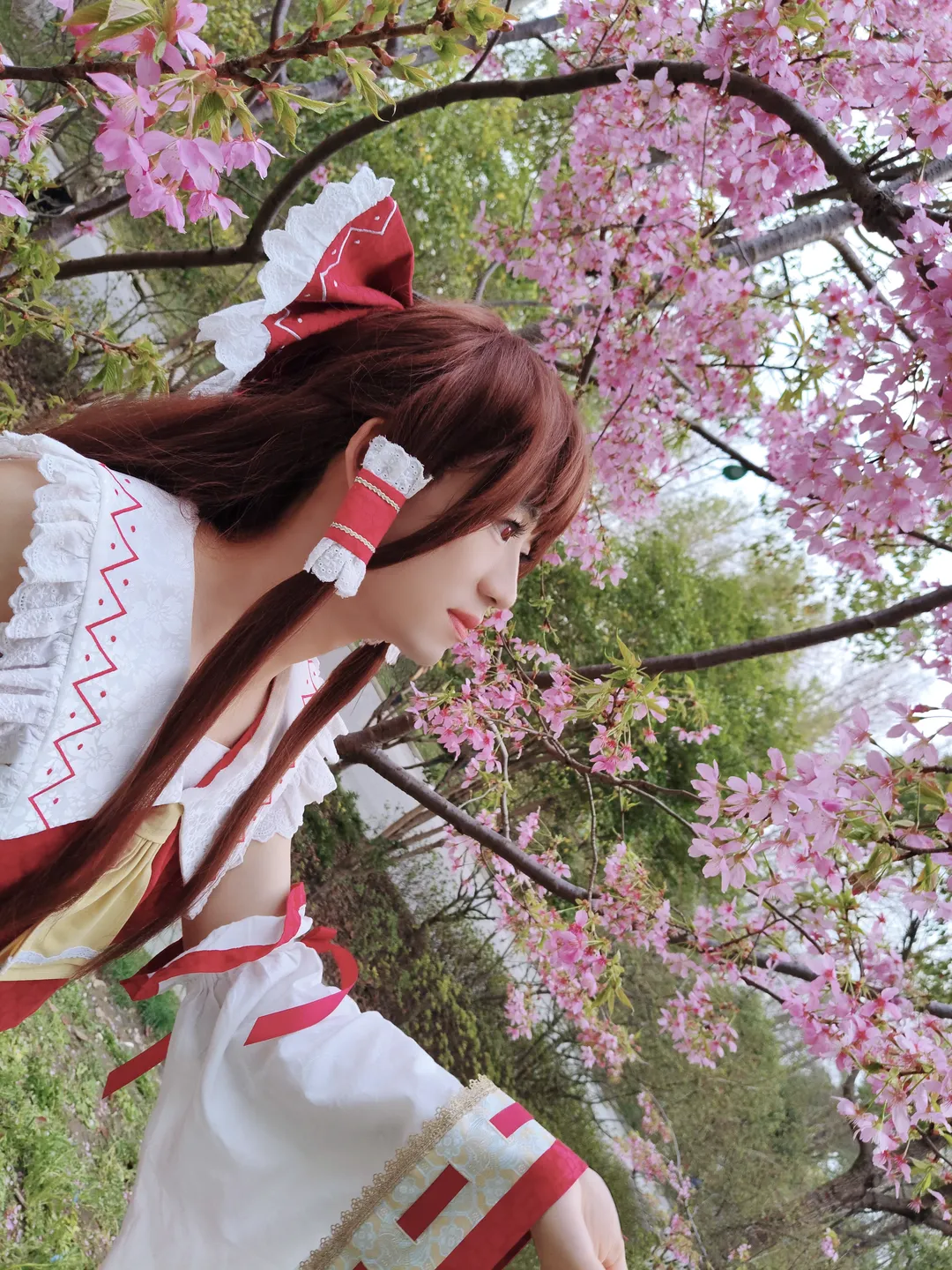 博丽灵梦cos, 东方project, 樱花外景, 巫女服, 白丝袜 - 第3张