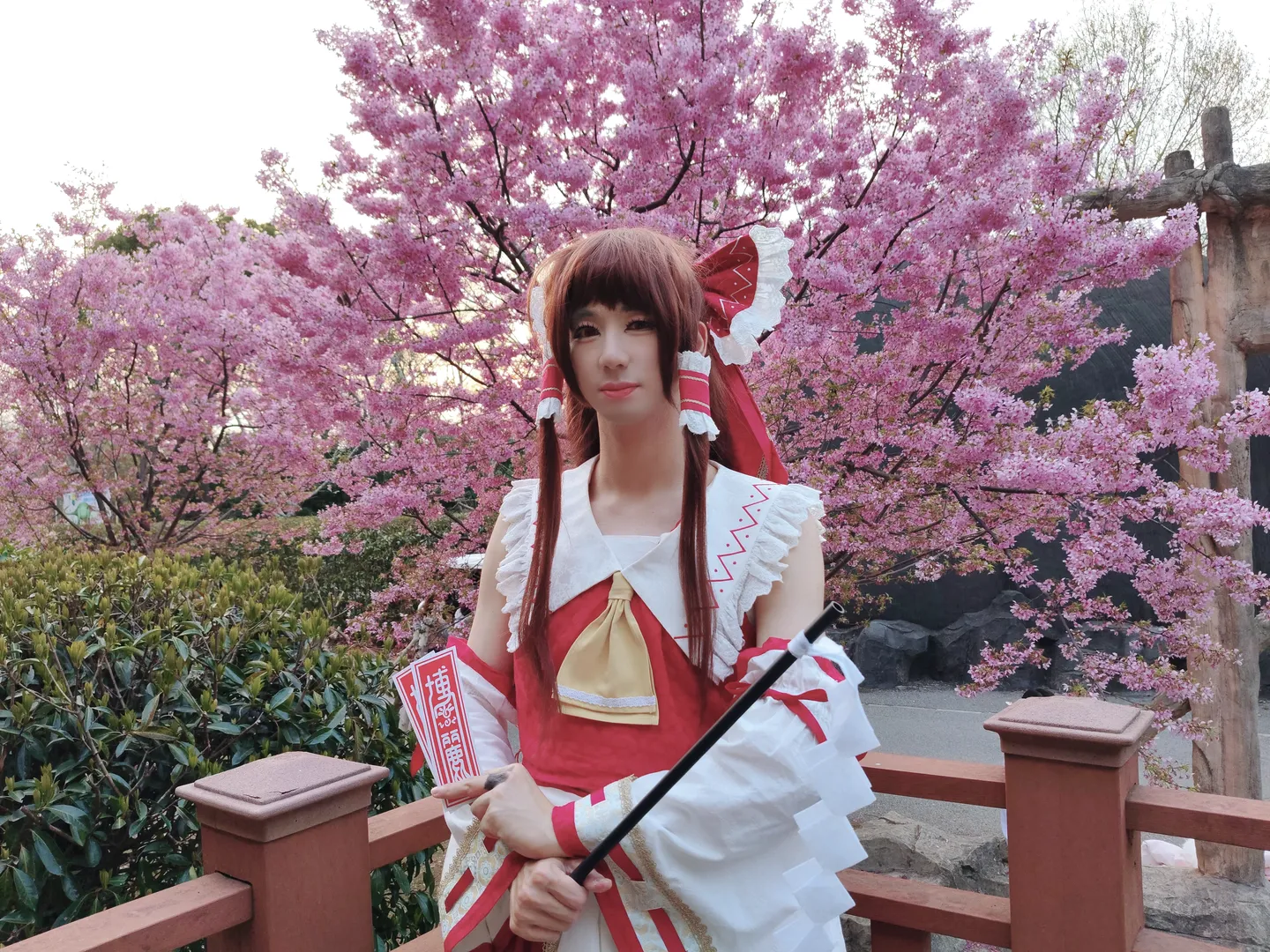 博丽灵梦cos, 东方project, 樱花外景, 巫女服, 白丝袜 - 第5张