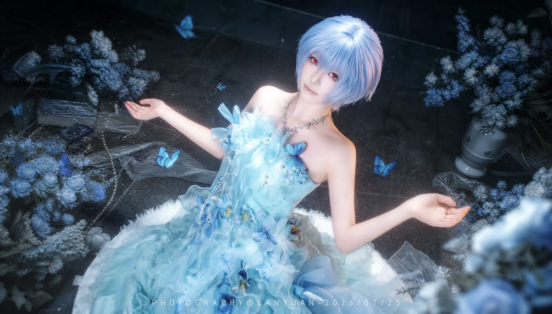 私设cos, 绫波丽cos, 花嫁cos, 蓝色礼服, cosplay写真 - 第2张