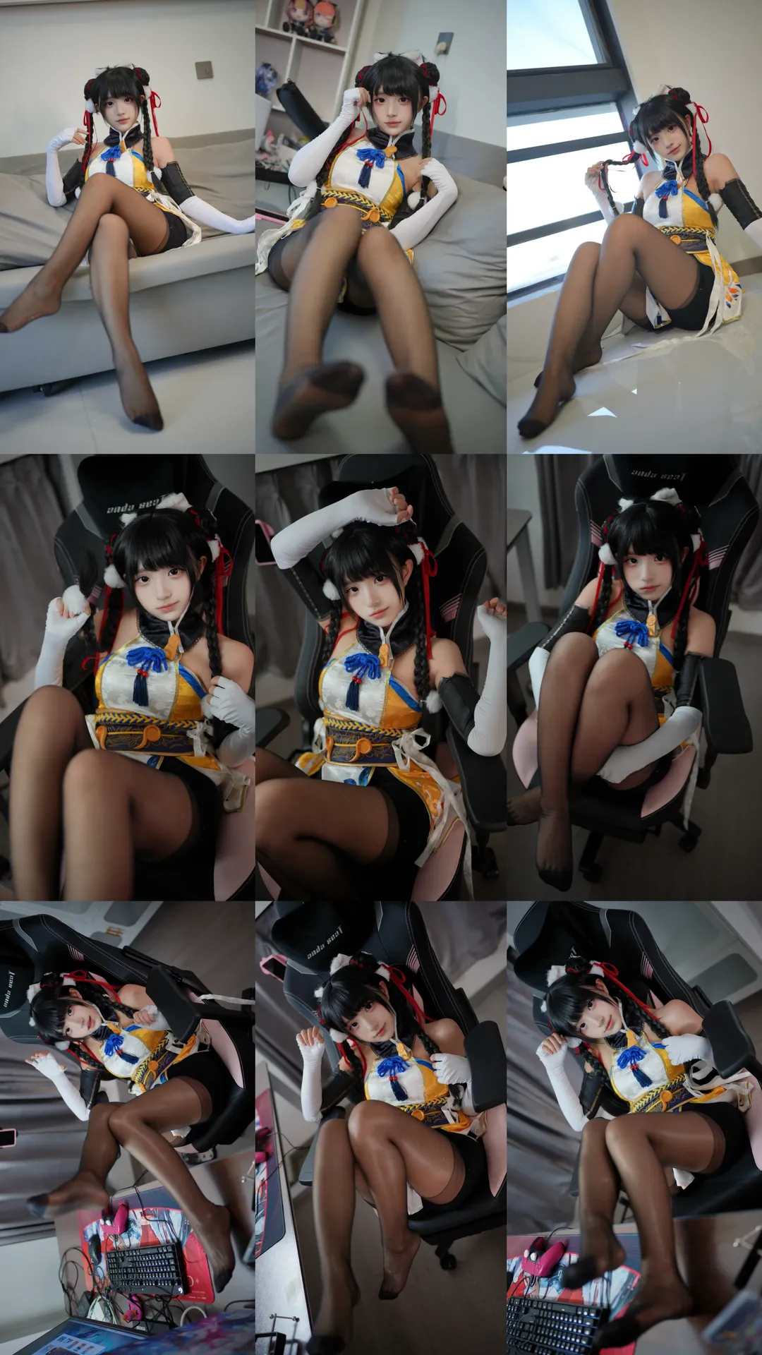 胡桃コスプレ, アニメ風写真セット, 中国風コーデ, 黒スト写真, ツイン三つ編み - 1枚目