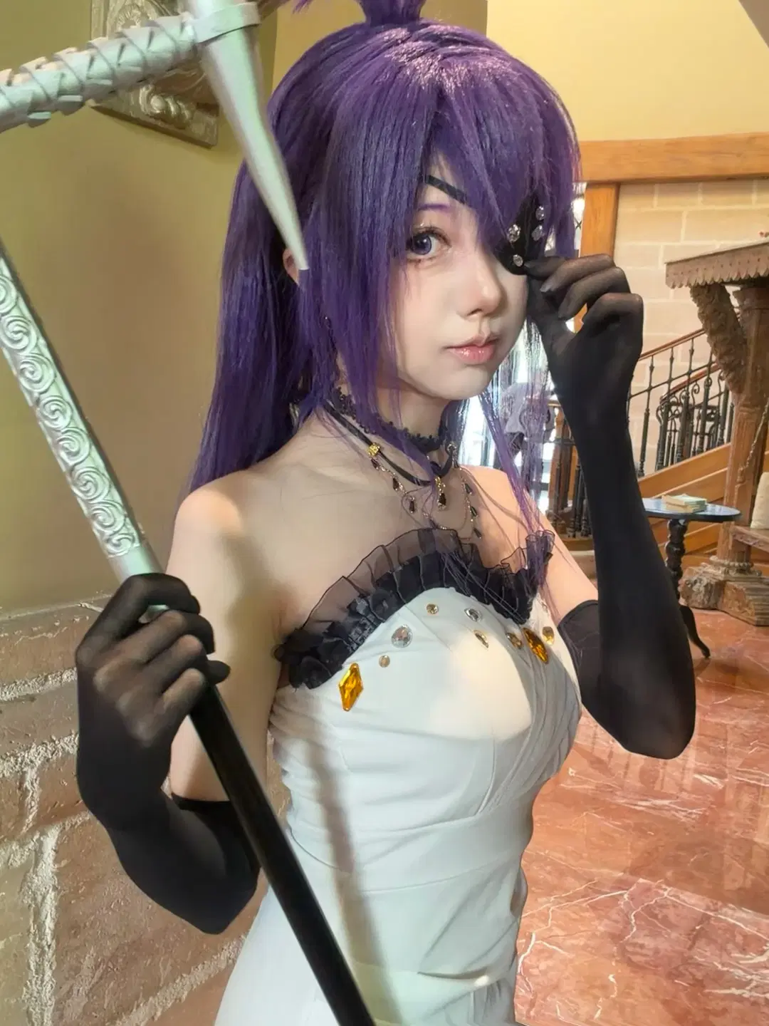 Anime cosplay, Cosplay photography, Hitman Reborn!, Chrome cosplay, Purple hair with eyepatch