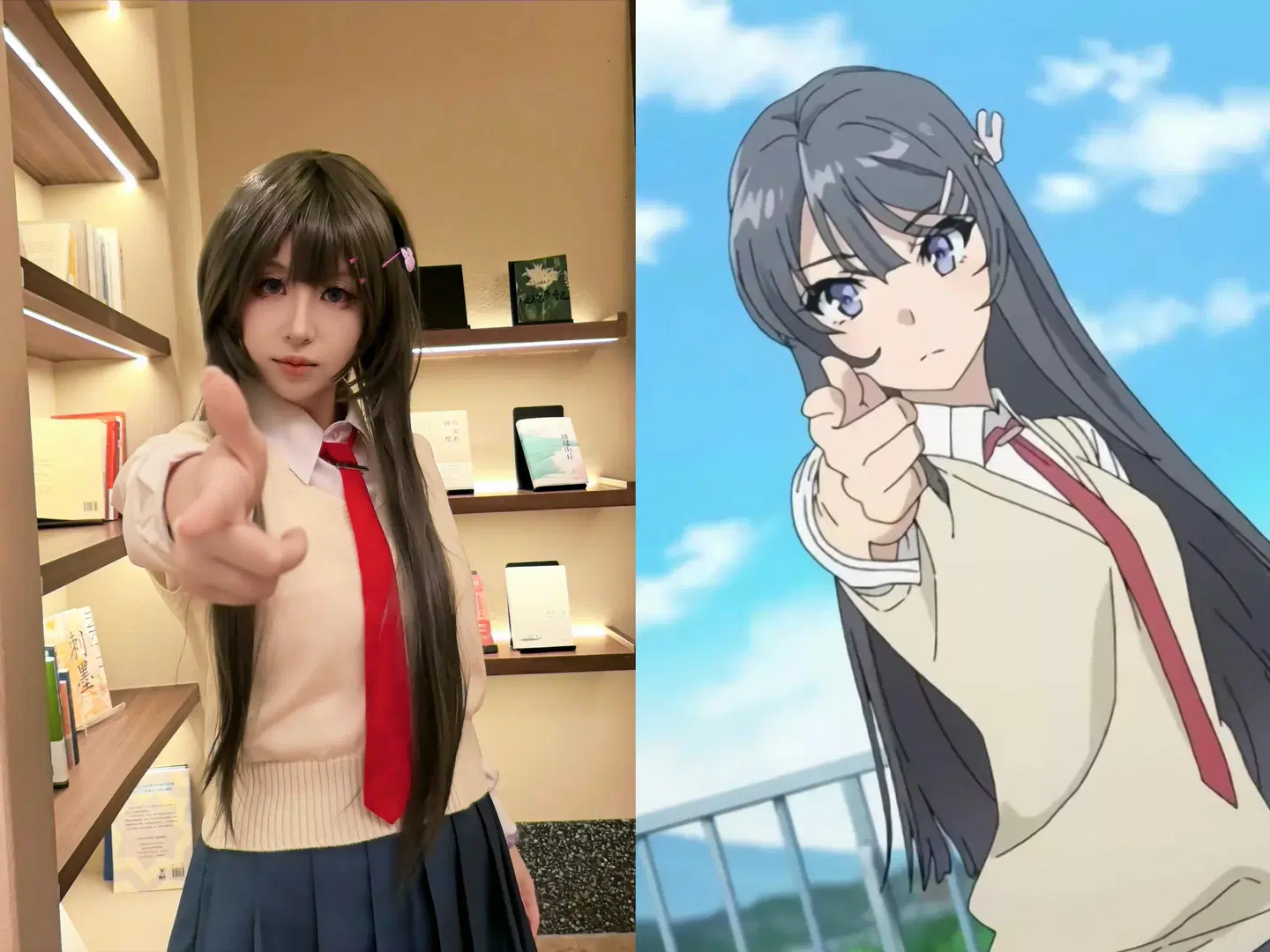 【Mai Sakurajima cosplay】Rascal Does Not Dream of Bunny Girl Senpai: Classic Finger-Pointing in the Bookstore — Senior Female Student Cosplay by Lucie - Image 2