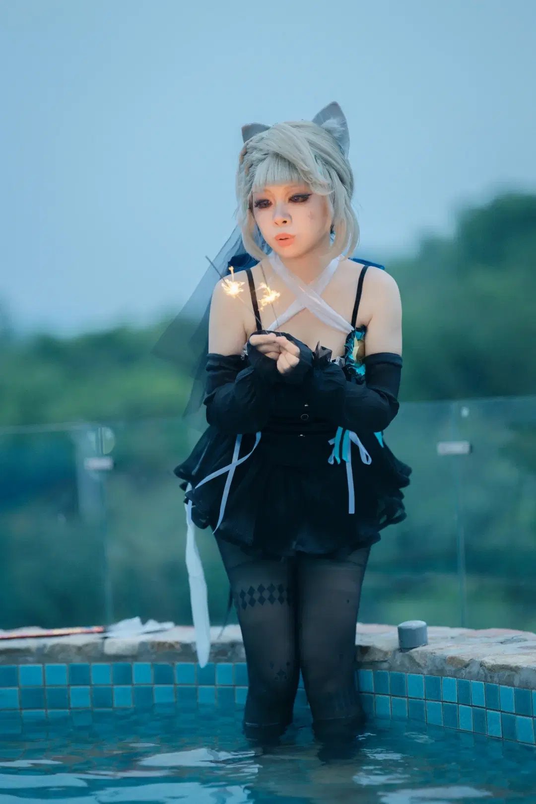 Genshin Impact, Lynette Cosplay, Swimsuit, Cosplay photography, Black stockings