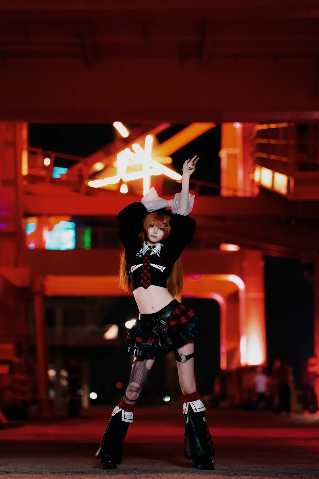 Industrial style, Asuka Cosplay, Neon Genesis Evangelion, Stockings, Cyberpunk light and shadow