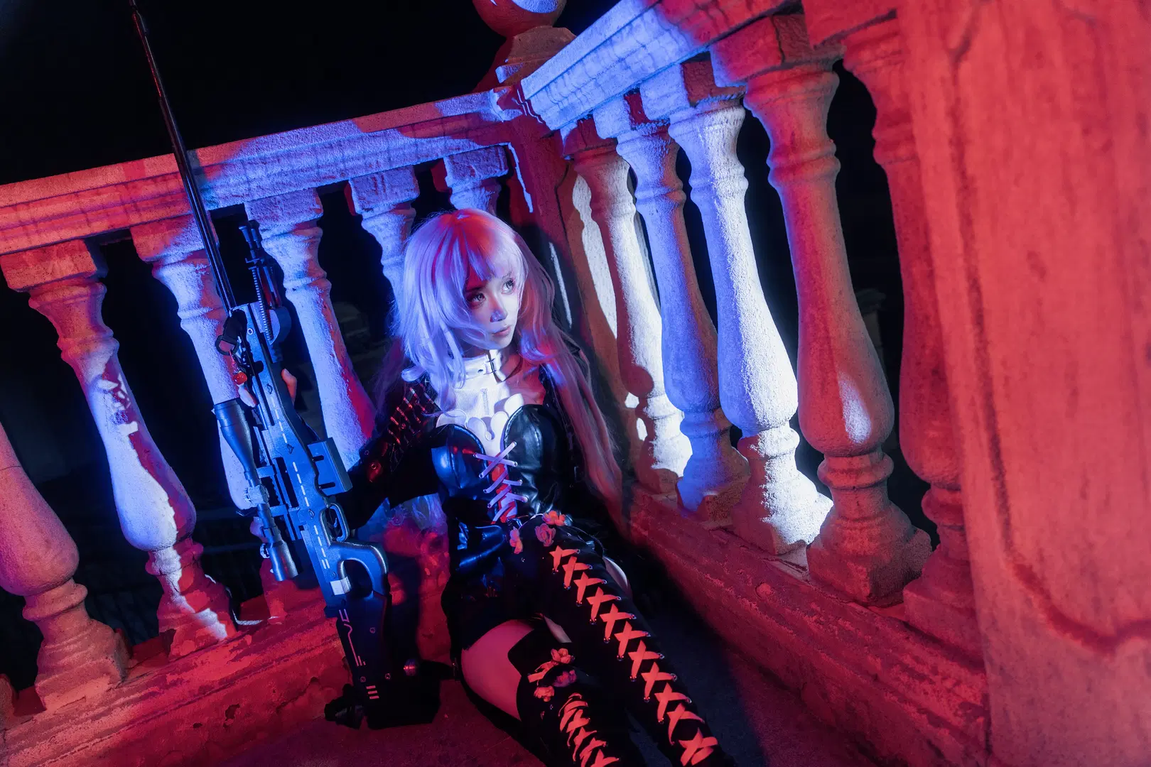Long pink hair, Arknights, Tactical style, Lemuen cosplay, Neon lights and shadows