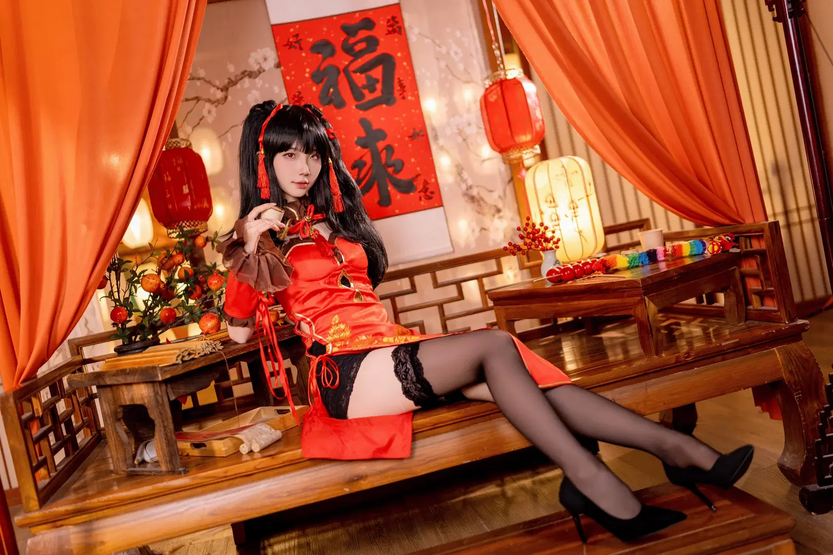 cosplay, 黑丝, 约会大作战, 新春旗袍, 时崎狂三cos