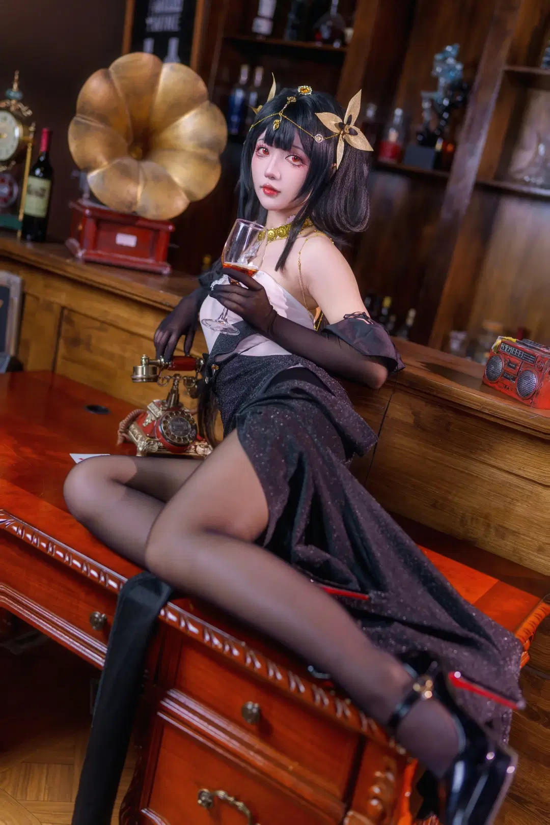 アズールレーン, レトロ風, 鎮海コスプレ, 黒ストッキング, コスプレ撮影