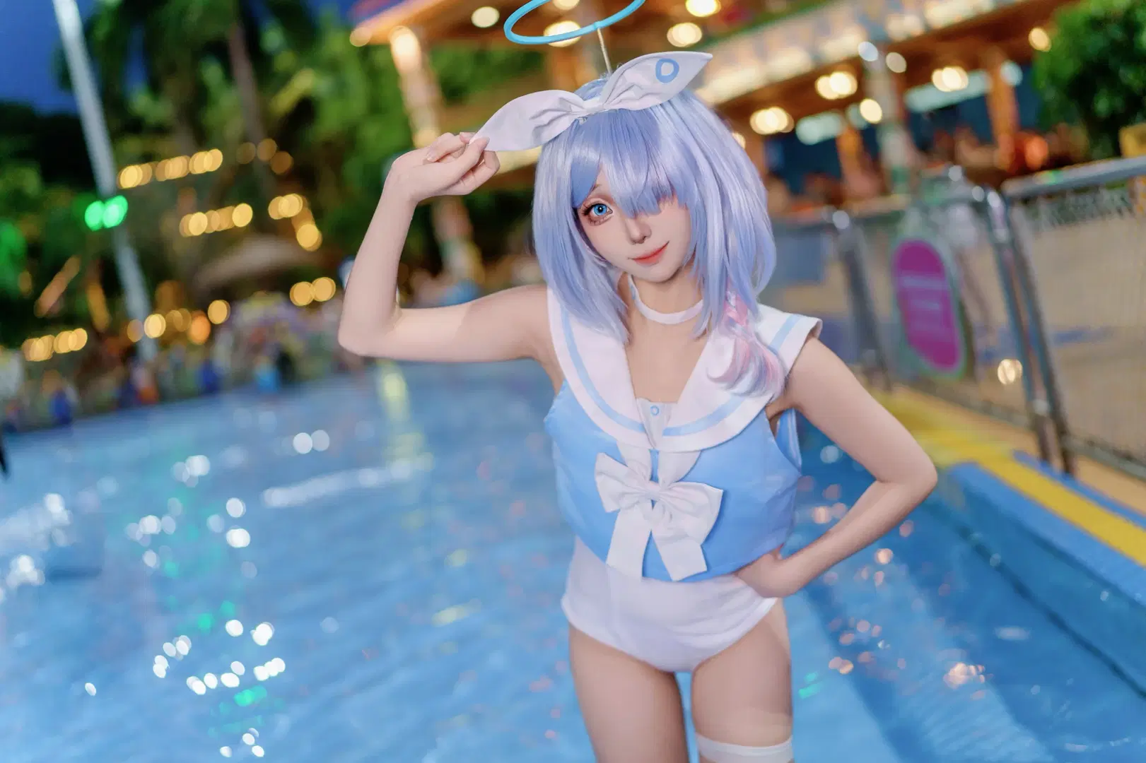 Blue Archive, Chimelong Water Park, Swimsuit cosplay, Stockings, Arona cosplay
